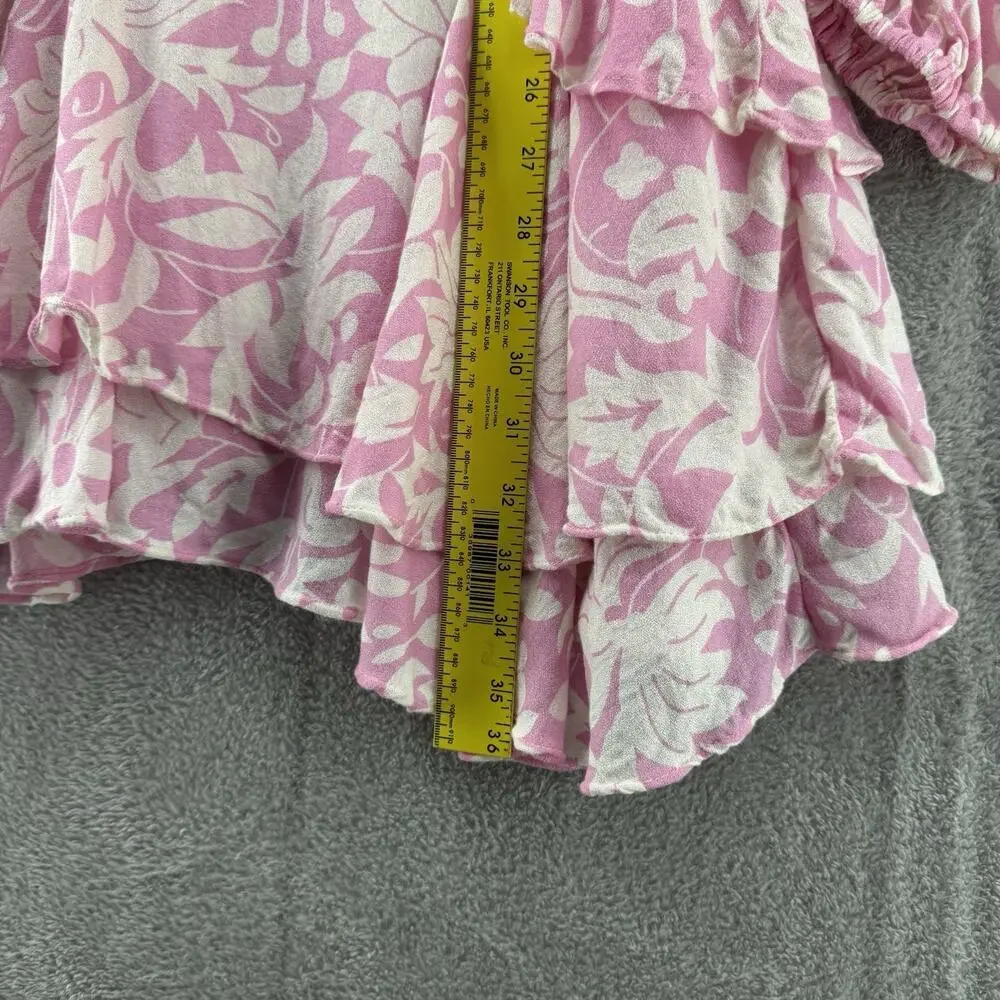 Free People Dress Womens XS Pink Rebecca Floral Ruffle Ballon Long Sleeve V-Neck